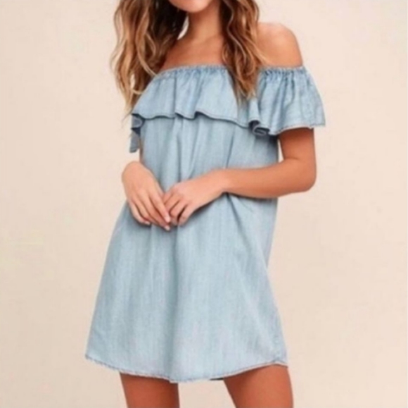 Zara Woman Premium Denim Chambray Off the Shoulder Mini Dress Size Small - Picture 1 of 9